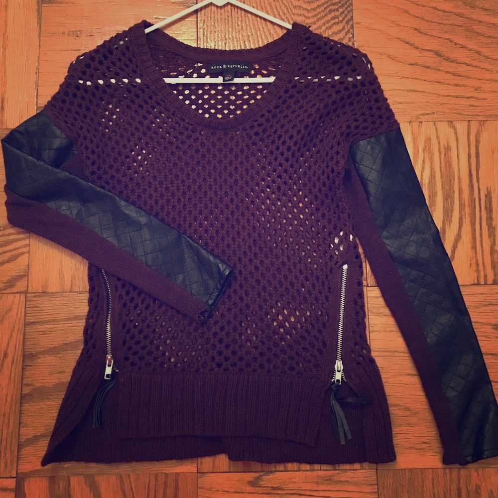 Cranberry Mesh sweater with leather trim.